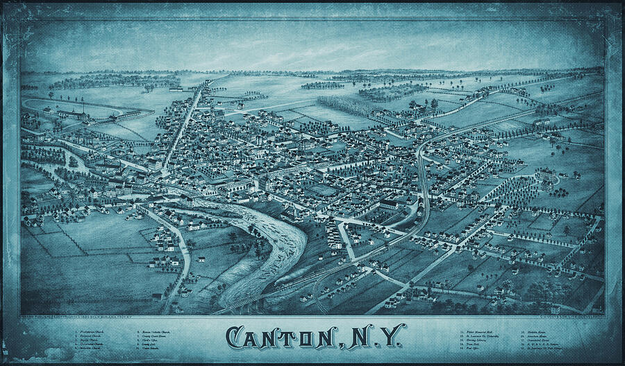 Canton New York Vintage Map Birds Eye View 1885 Blue Photograph by
