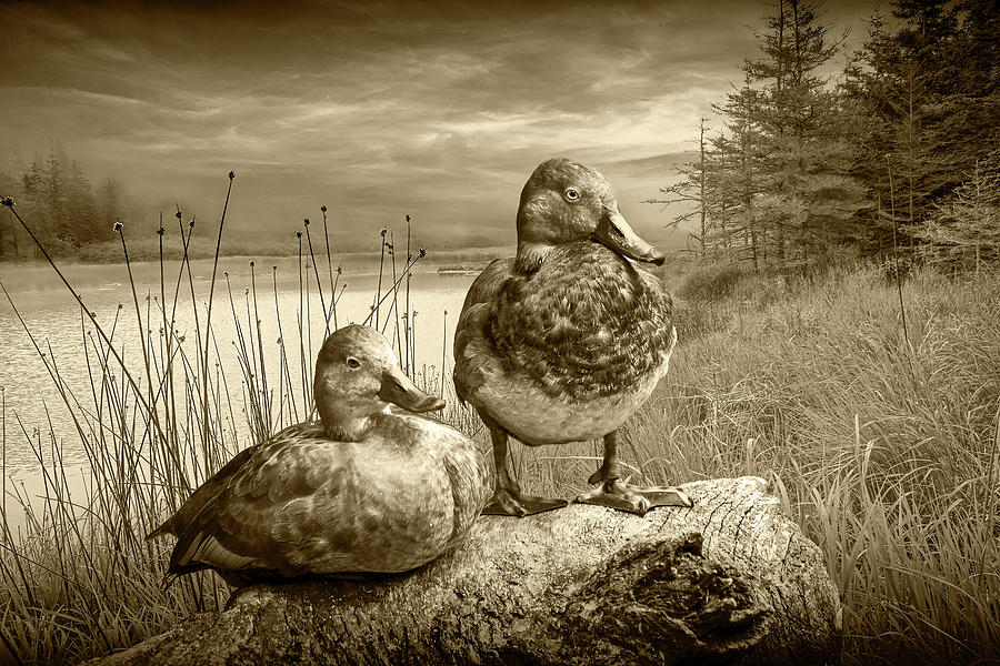 Canvasback Duck Pair by a Pond in Sepia Tone Photograph by Randall Nyhof