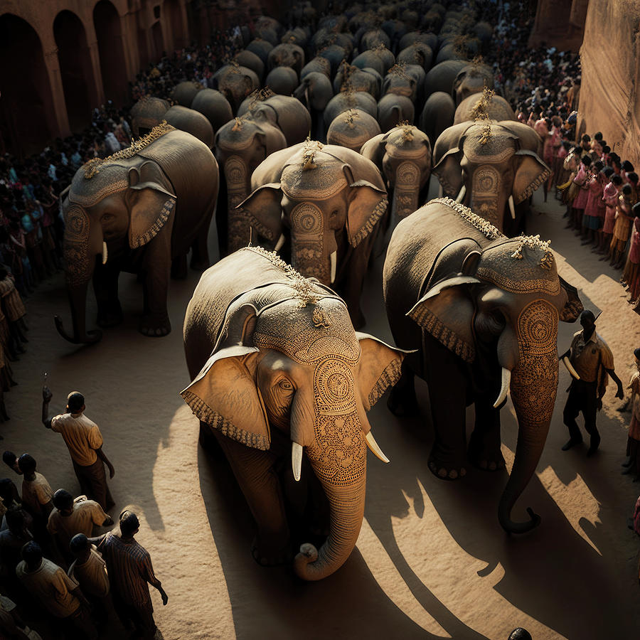 Caparisoned elephants at Hindu temple festiva - generative AI #BuyIntoArt Photograph by Steve Estvanik