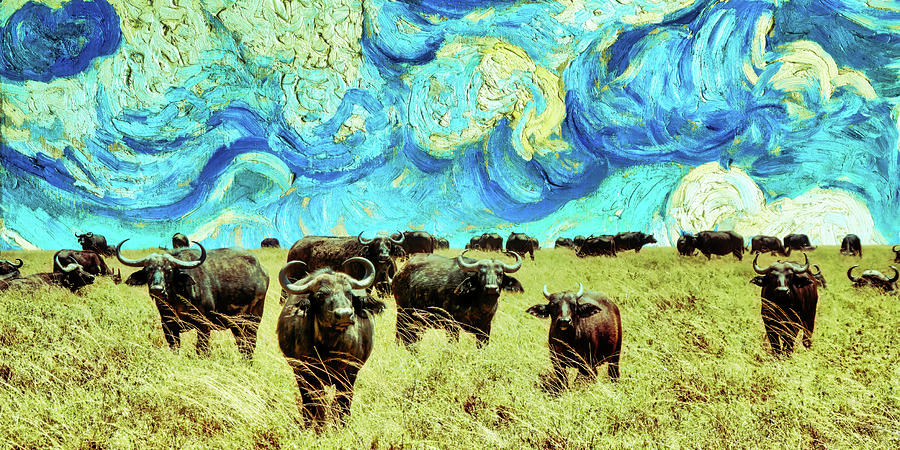 Cape Buffalo with Van Gogh Sky Digital Art by Bruce Block