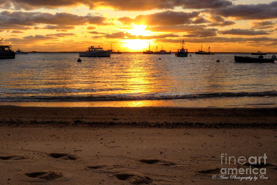 Boat Photograph - Cape Cod Sunrise Footprints on the beach by Charlene Cox