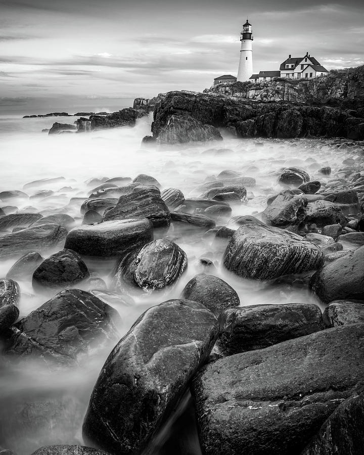 Cape Elizabeth Coastline Waters And Portland Head Light - Black and White Edition Photograph by Gregory Ballos