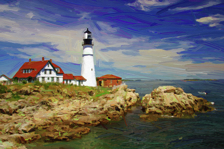 Cape Elizabeth Lighthouse - Abstract Oil Painting by Ahmet Asar Digital Art by Celestial Images