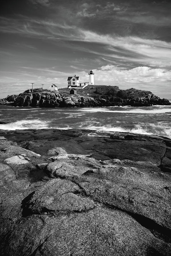 Cape Neddick Light Station - Nubble Lighthouse - Black And White Photograph by Gregory Ballos