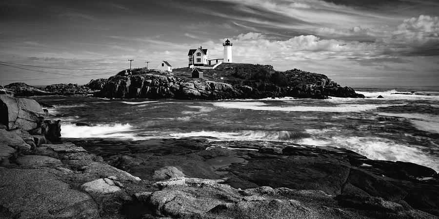 Cape Neddick Maine Nubble Lighthouse Panorama - Black and White Photograph by Gregory Ballos