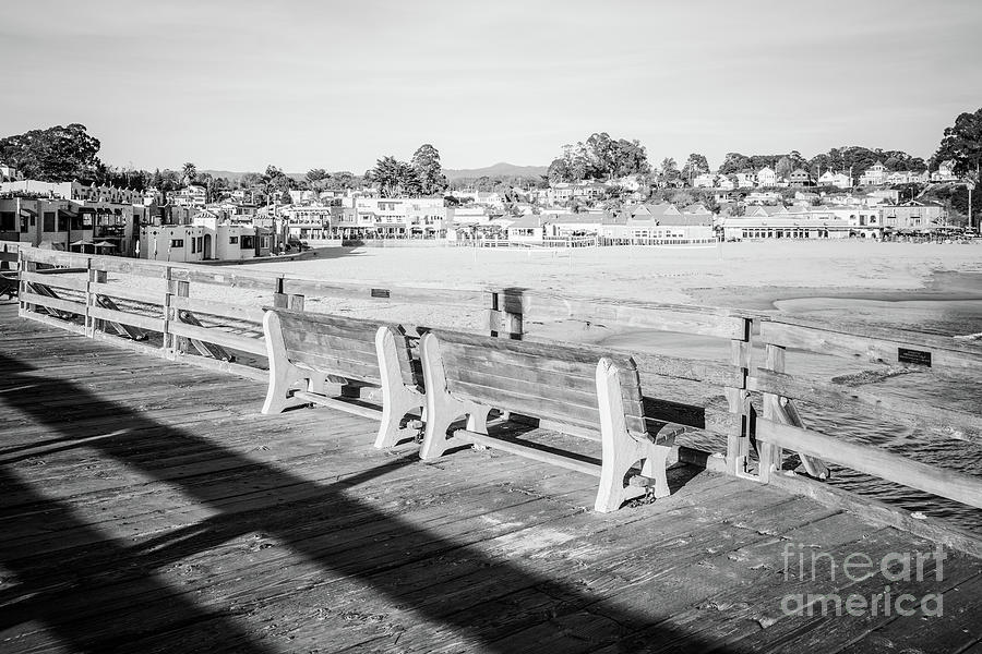 Capitola Wharf Pier Benches Black and White Photo Photograph by Paul Velgos