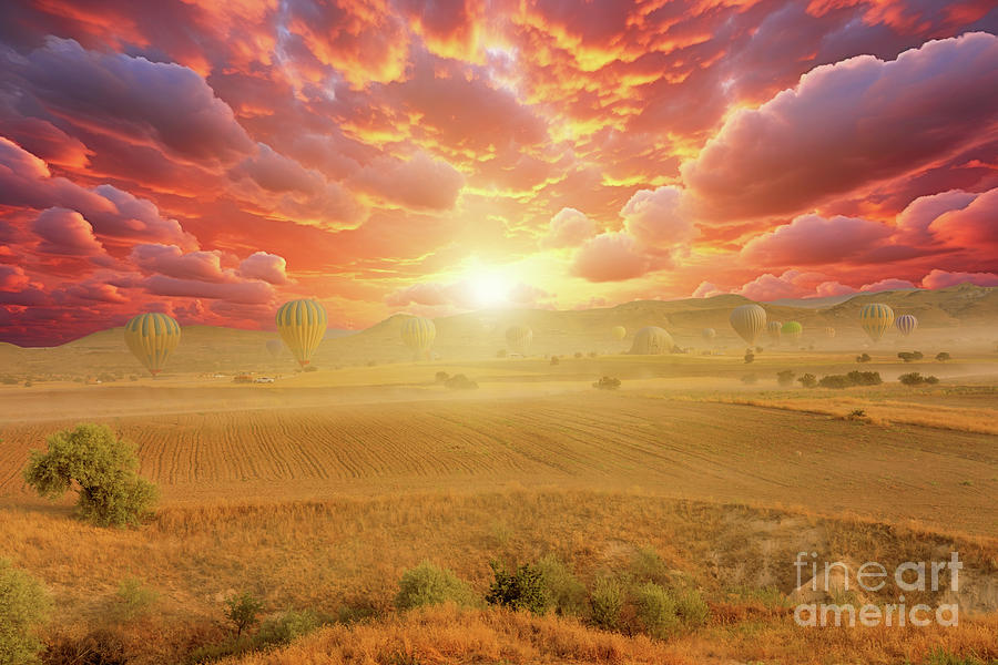 Cappadocia air balloons at sunset in Turkey Digital Art by Benny Marty