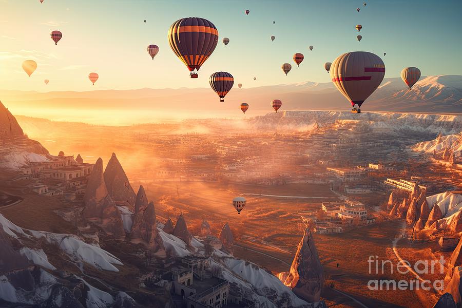Cappadocia air balloons flying at sunset in Turkey Digital Art by Benny Marty