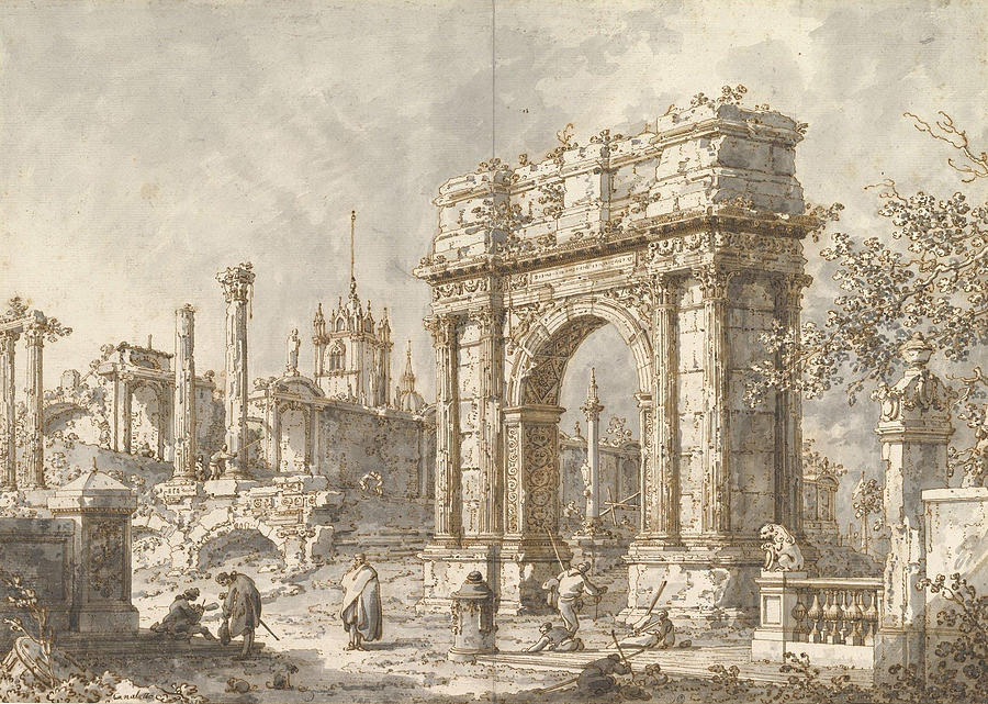 Canaletto Painting - Capriccio with a Roman Triumphal Arch  by Canaletto