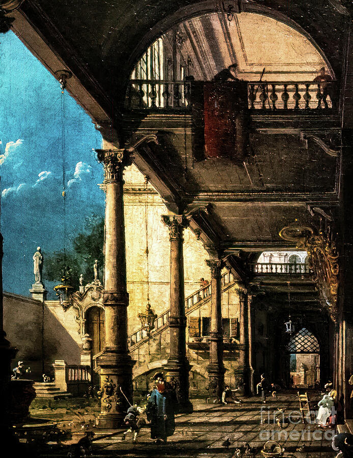 Capriccio with Colonnade in the Interior of a Palace by Canalett Painting by Canaletto