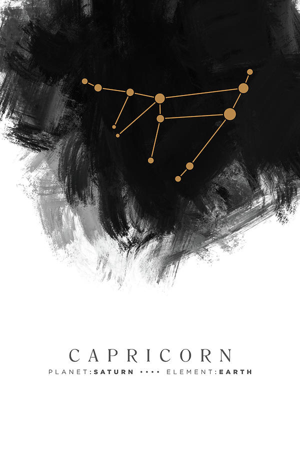 Abstract Mixed Media - Capricorn Zodiac Sign - Minimal Print - Zodiac, Constellation, Astrology, Good Luck, Sky - Black by Studio Grafiikka
