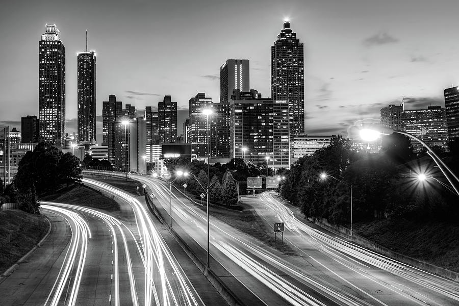 Captivating Atlanta Skyline View From The Jackson Street Bridge - Black And White Photograph by Gregory Ballos