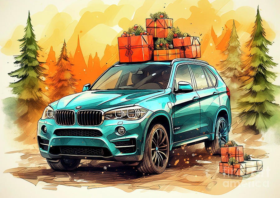 Car 583 Vehicles Bmw X5 Vintage With A Christmas Tree And Some Christmas Gifts Painting