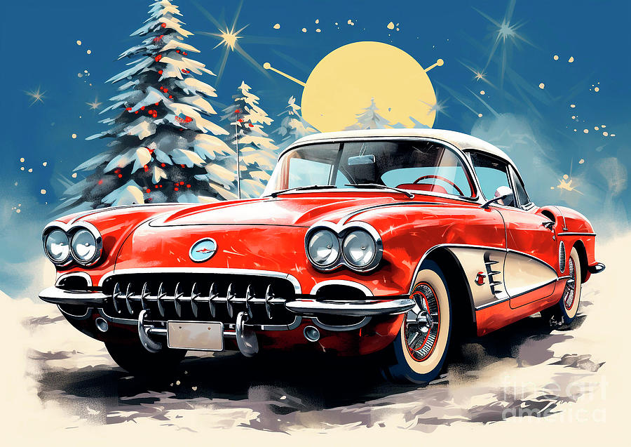 Car 605 Vehicles Chevrolet Corvette Vintage With A Christmas Tree And Some Christmas Gifts Painting