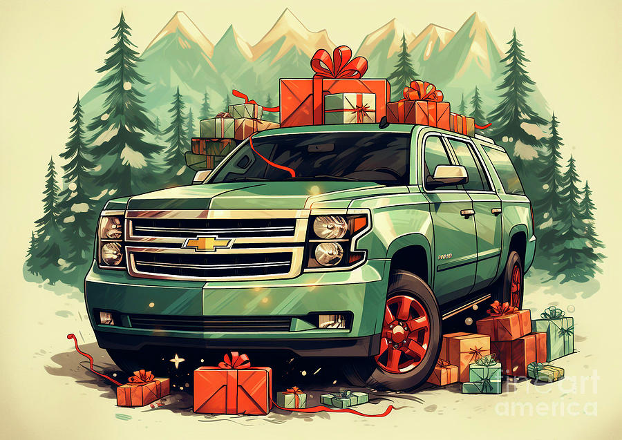 Car 620 Vehicles Chevrolet Tahoe Vintage With A Christmas Tree And Some Christmas Gifts Painting