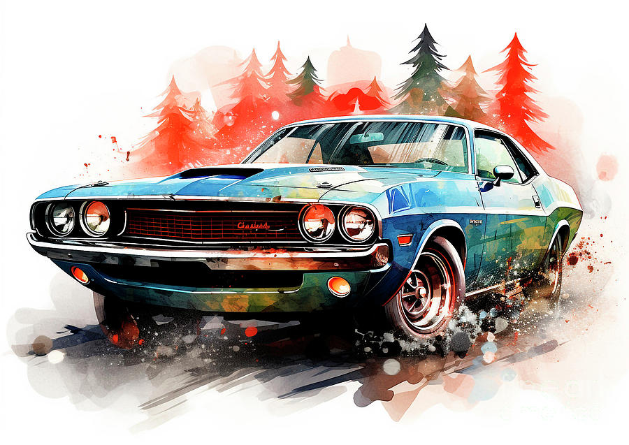 Vintage Painting - Car 626 Vehicles Dodge Challenger vintage with a Christmas tree and some Christmas gifts by Clark Leffler