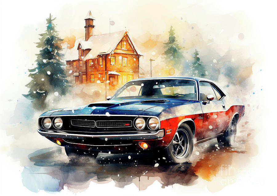 Vintage Painting - Car 627 Vehicles Dodge Challenger vintage with a Christmas tree and some Christmas gifts by Clark Leffler