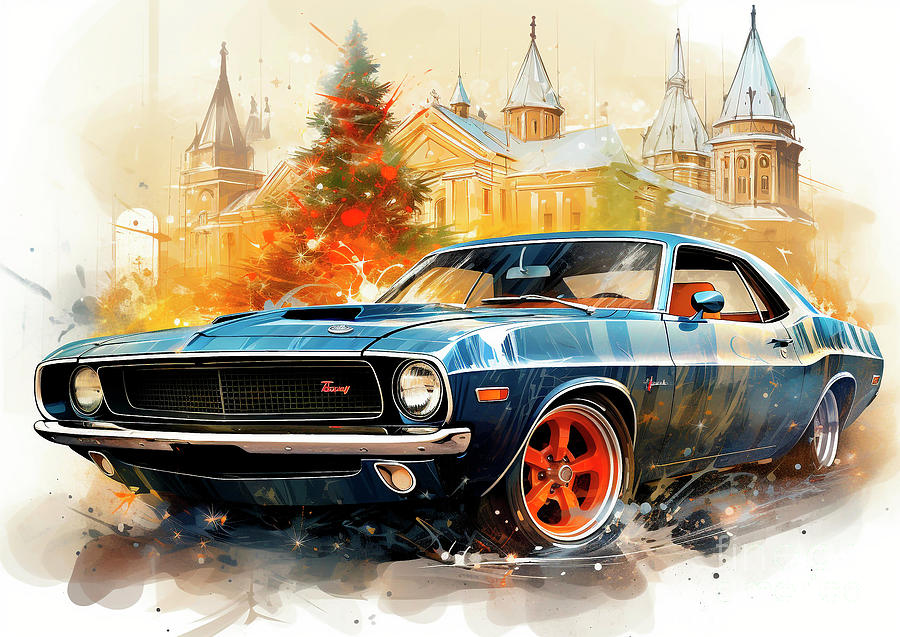 Vintage Painting - Car 628 Vehicles Dodge Challenger vintage with a Christmas tree and some Christmas gifts by Clark Leffler