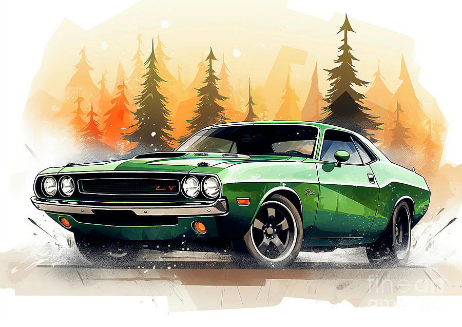 Vintage Painting - Car 629 Vehicles Dodge Challenger vintage with a Christmas tree and some Christmas gifts by Clark Leffler
