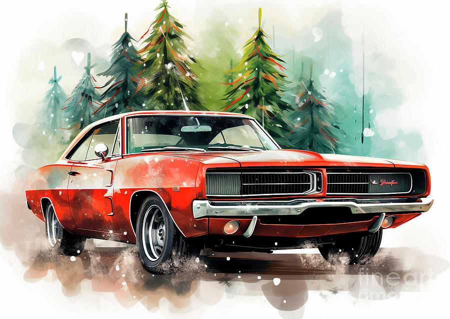 Vintage Painting - Car 631 Vehicles Dodge Charger vintage with a Christmas tree and some Christmas gifts by Clark Leffler