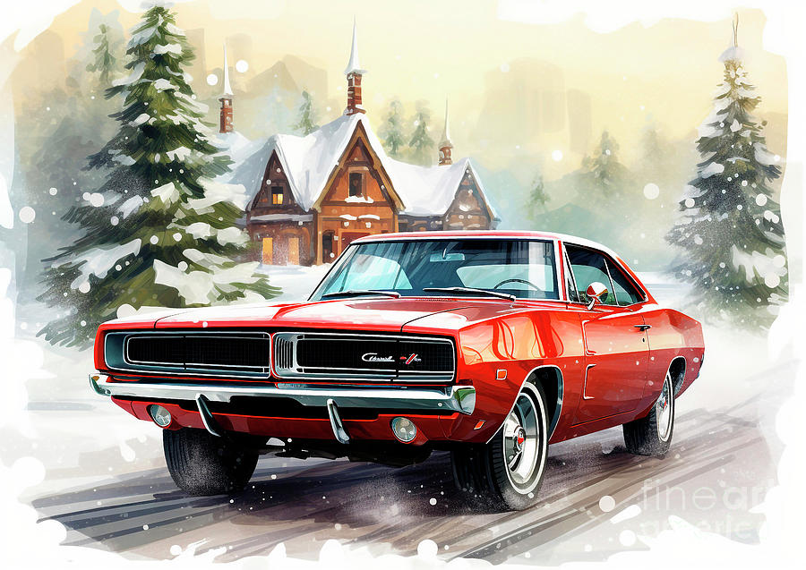 Vintage Painting - Car 632 Vehicles Dodge Charger vintage with a Christmas tree and some Christmas gifts by Clark Leffler
