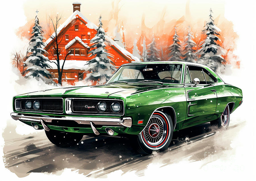 Vintage Painting - Car 633 Vehicles Dodge Charger vintage with a Christmas tree and some Christmas gifts by Clark Leffler