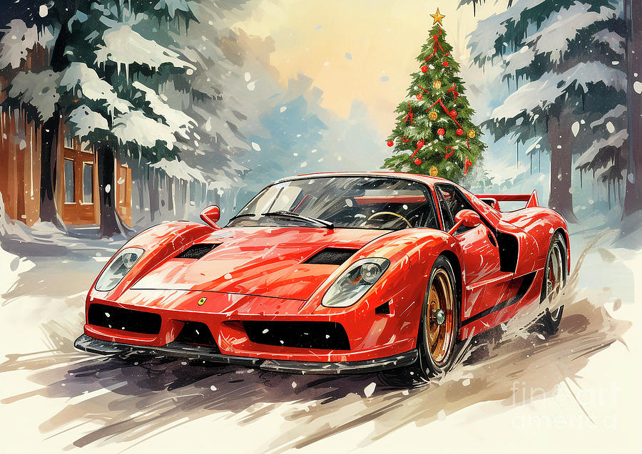 Vintage Painting - Car 650 Vehicles Ferrari F40 vintage with a Christmas tree and some Christmas gifts by Clark Leffler