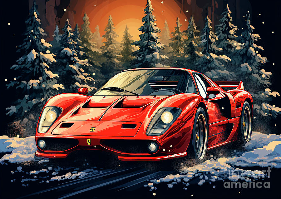 Vintage Painting - Car 651 Vehicles Ferrari F40 vintage with a Christmas tree and some Christmas gifts by Clark Leffler