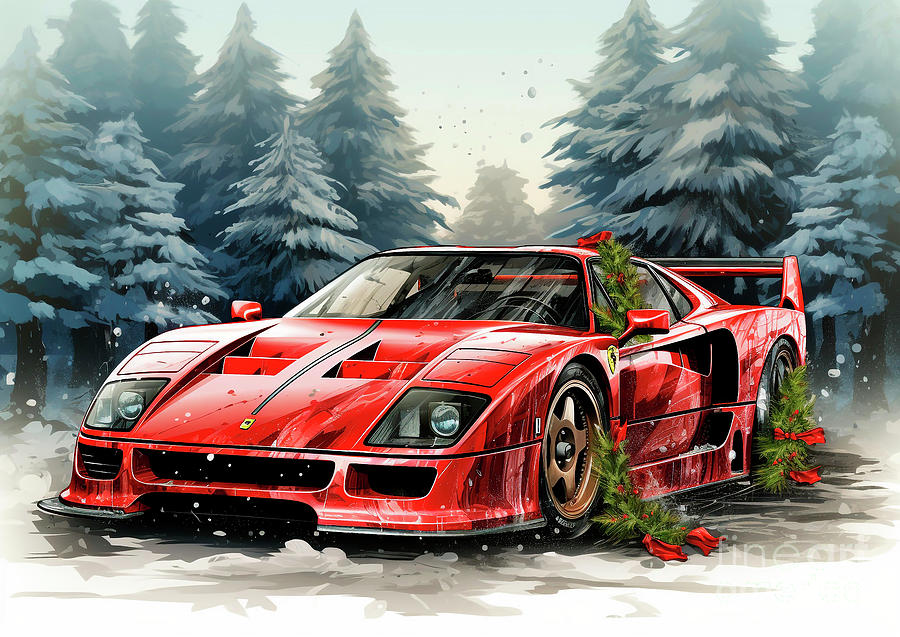 Vintage Painting - Car 652 Vehicles Ferrari F40 vintage with a Christmas tree and some Christmas gifts by Clark Leffler