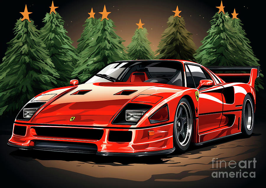 Vintage Painting - Car 653 Vehicles Ferrari F40 vintage with a Christmas tree and some Christmas gifts by Clark Leffler