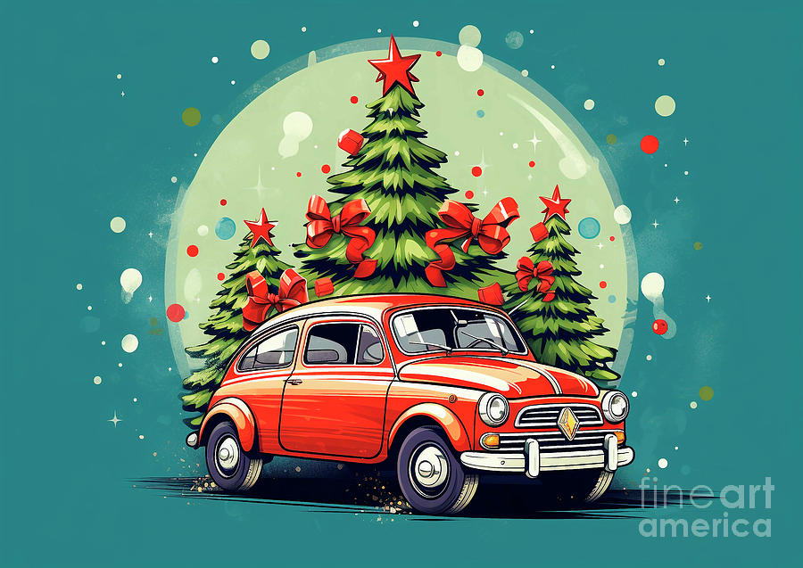 Vintage Painting - Car 663 Vehicles Fiat 500 vintage with a Christmas tree and some Christmas gifts by Clark Leffler