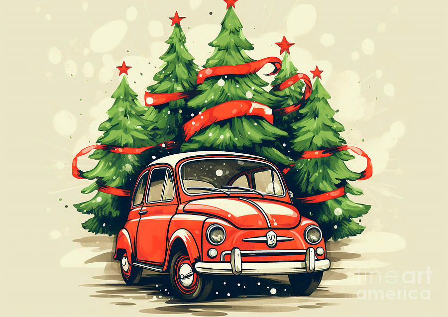 Vintage Painting - Car 665 Vehicles Fiat 500 vintage with a Christmas tree and some Christmas gifts by Clark Leffler