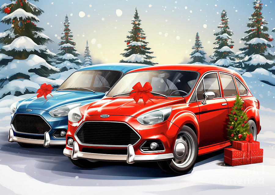 Car 686 Vehicles Ford Focus Vintage With A Christmas Tree And Some Christmas Gifts Painting