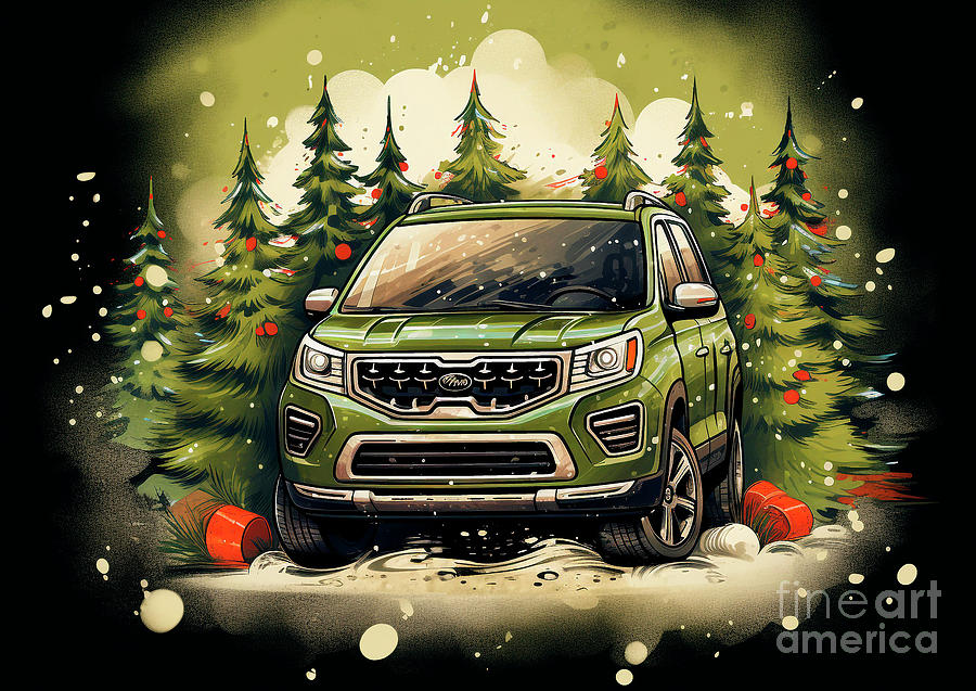 Vintage Painting - Car 698 Vehicles GMC Acadia vintage with a Christmas tree and some Christmas gifts by Clark Leffler