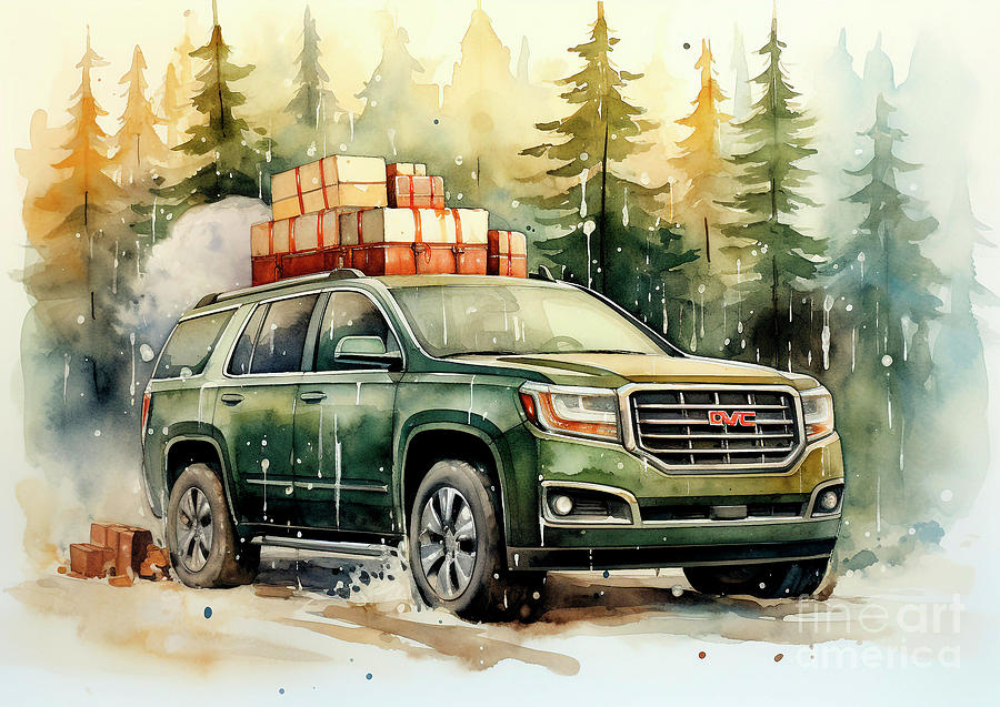 Vintage Painting - Car 699 Vehicles GMC Acadia vintage with a Christmas tree and some Christmas gifts by Clark Leffler