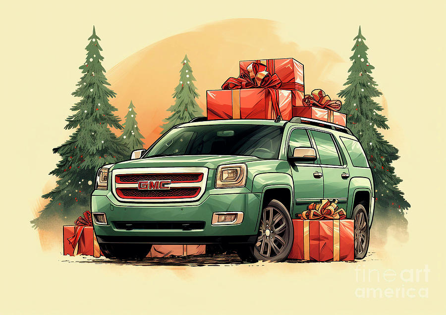 Vintage Painting - Car 700 Vehicles GMC Acadia vintage with a Christmas tree and some Christmas gifts by Clark Leffler