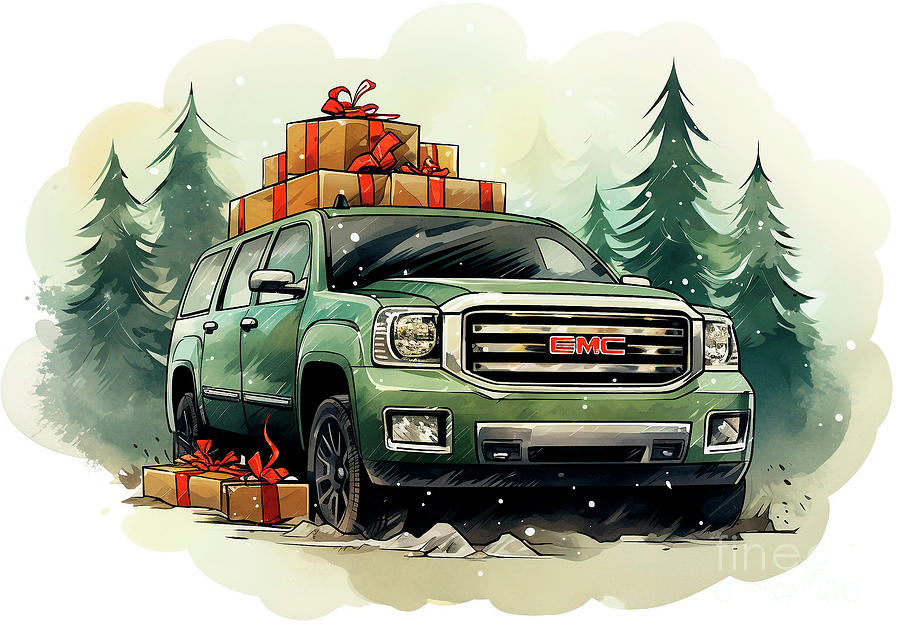 Vintage Painting - Car 701 Vehicles GMC Acadia vintage with a Christmas tree and some Christmas gifts by Clark Leffler