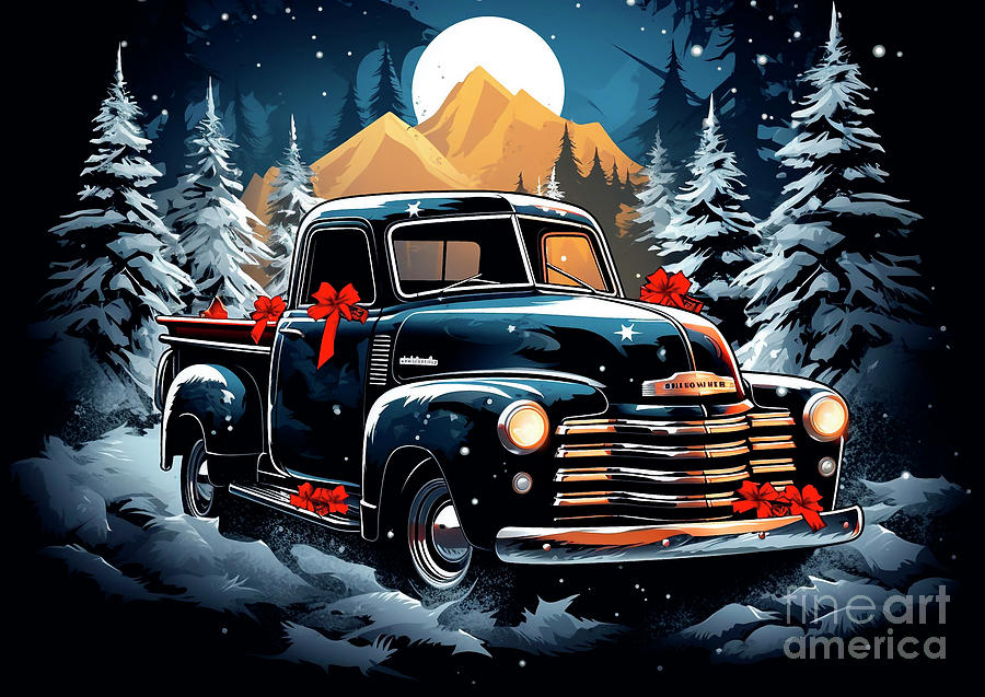 Vintage Painting - Car 703 Vehicles GMC Sierra vintage with a Christmas tree and some Christmas gifts by Clark Leffler