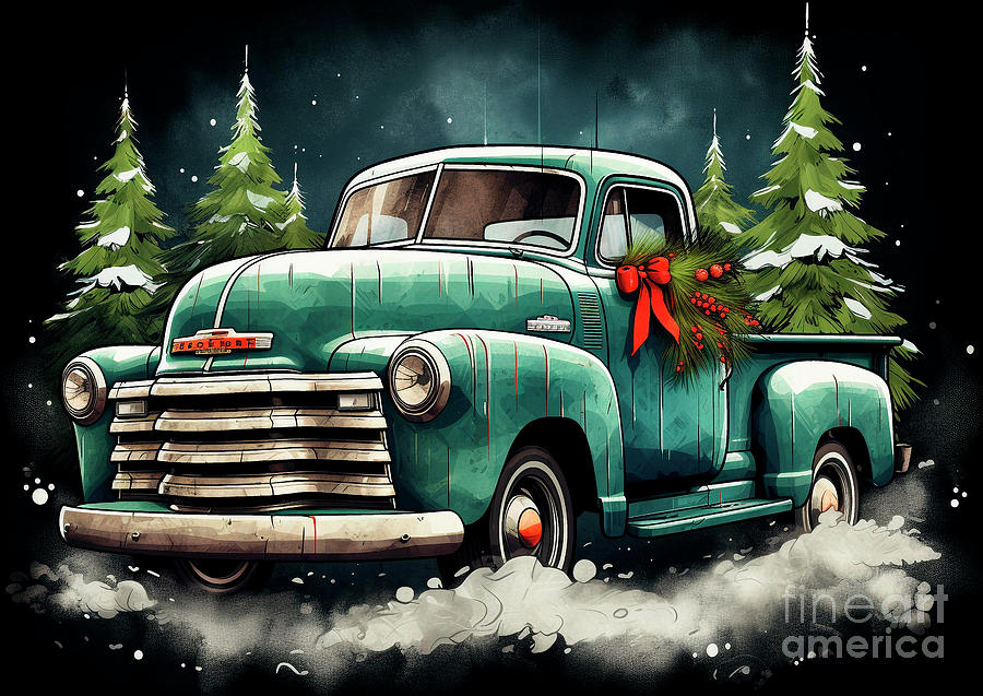 Vintage Painting - Car 704 Vehicles GMC Sierra vintage with a Christmas tree and some Christmas gifts by Clark Leffler