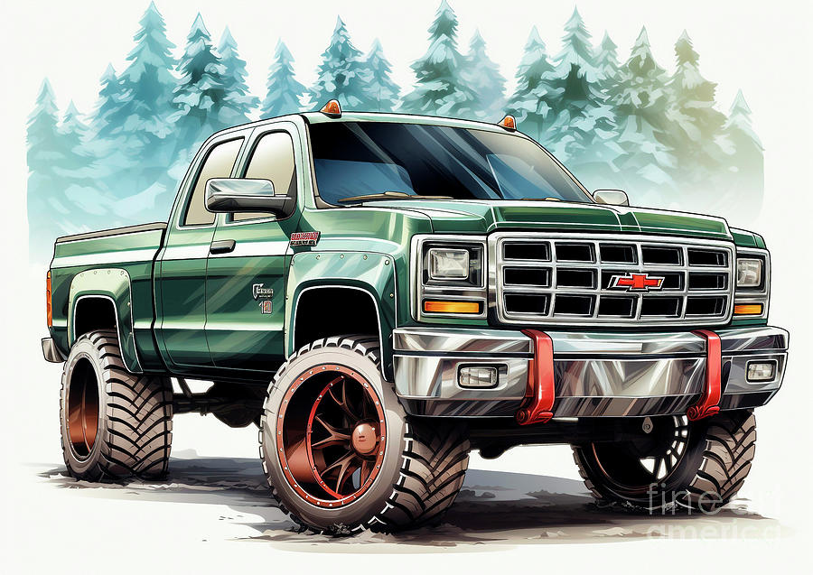 Vintage Painting - Car 705 Vehicles GMC Sierra vintage with a Christmas tree and some Christmas gifts by Clark Leffler