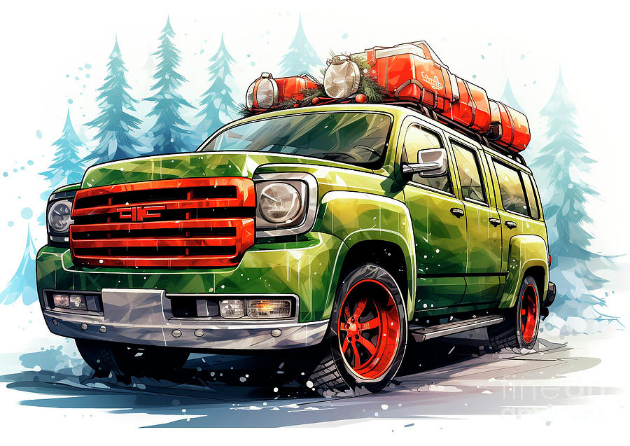 Vintage Painting - Car 706 Vehicles GMC Yukon vintage with a Christmas tree and some Christmas gifts by Clark Leffler