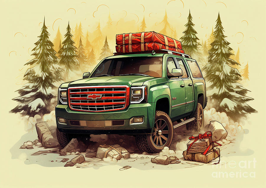 Vintage Painting - Car 707 Vehicles GMC Yukon vintage with a Christmas tree and some Christmas gifts by Clark Leffler