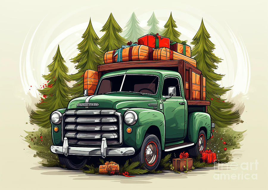 Vintage Painting - Car 709 Vehicles GMC Yukon vintage with a Christmas tree and some Christmas gifts by Clark Leffler