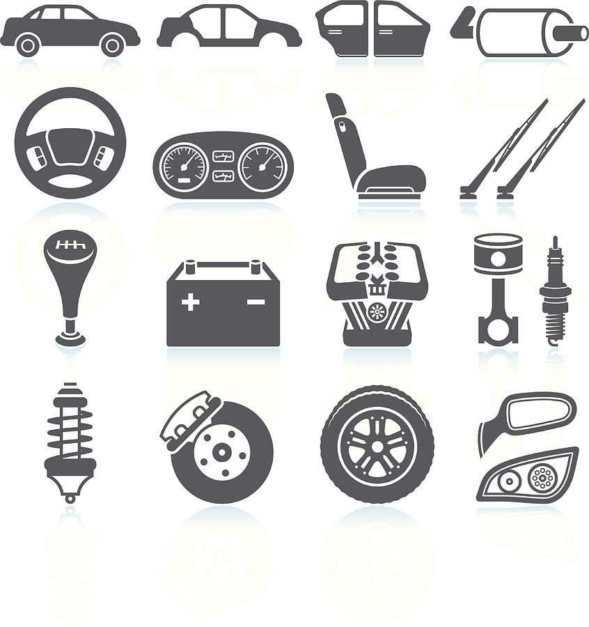 Car Assembly and Parts black & white vector icon set Drawing by Bubaone