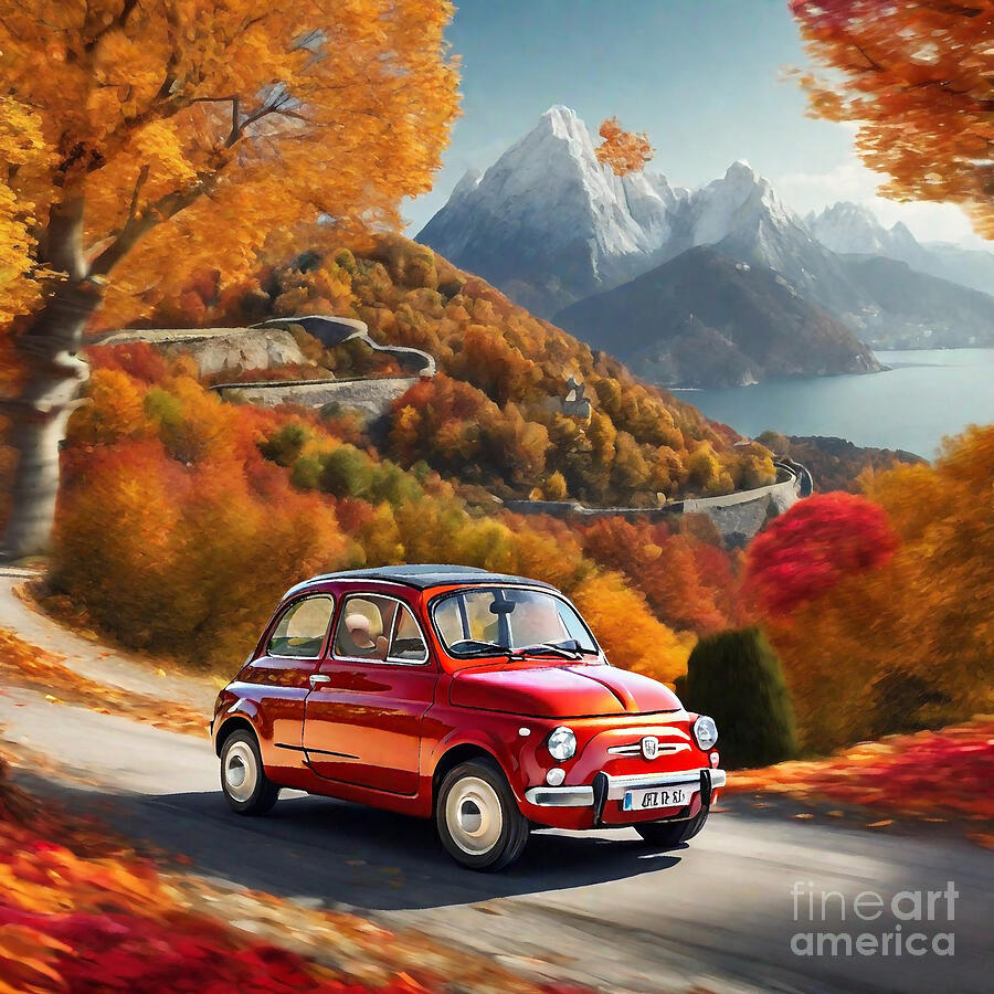 Car Fiat 500l With Vibrant Autumn Foliage Digital Art