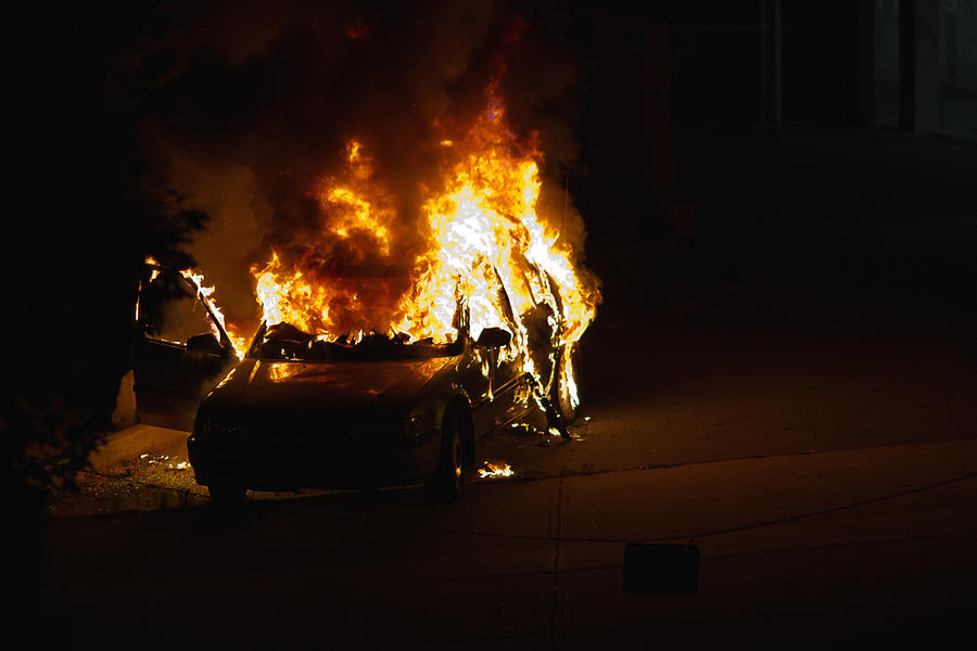 Car fire at night Photograph by Allen Donikowski