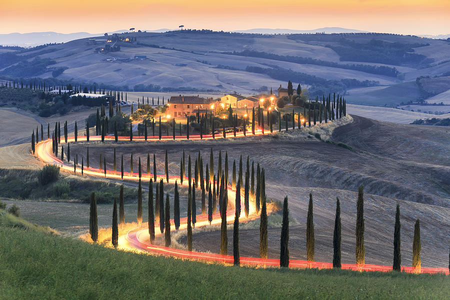 Car lighting in Zigzag road in Tuscany, Italy Photograph by Bento Fotography