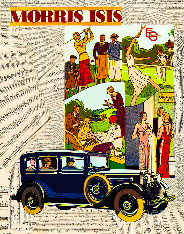 Car Morris Isis, family vacation 1929-1931 against the background of musical score. Mixed Media by Elena Gantchikova