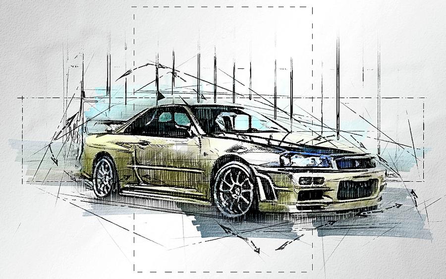 Car Nissan Skyline R34 Sports Gold Skyline Digital Art By Hervey Dopson