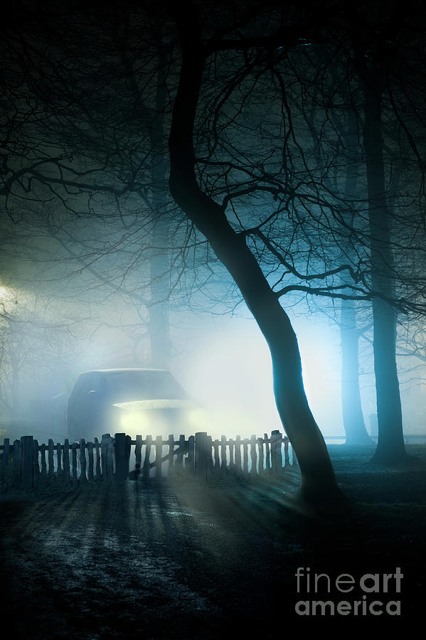 Car Parked At Night In Fog With Headlamps On Photograph by Lee Avison